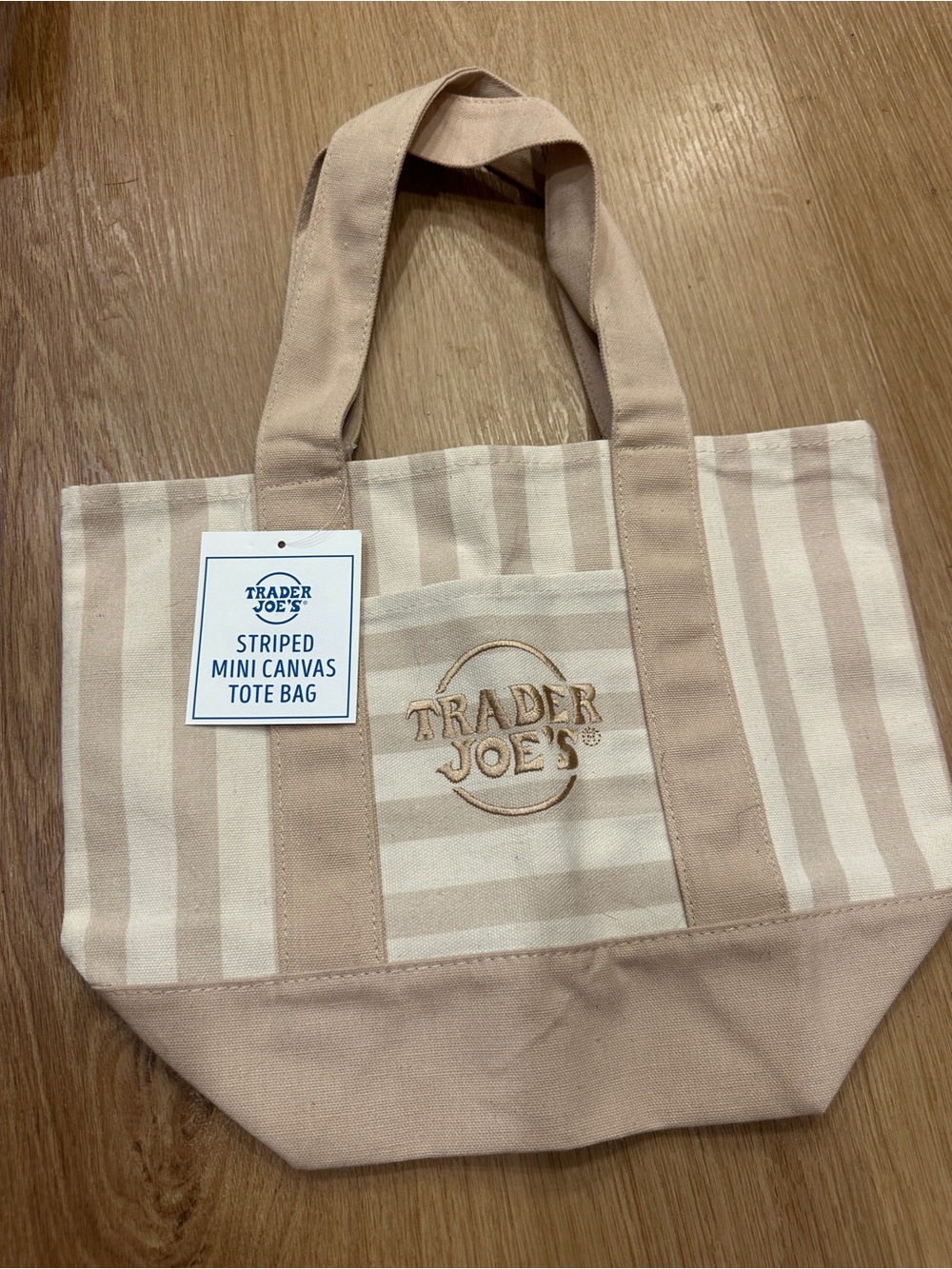 Trader joe’s striped tan mini tote